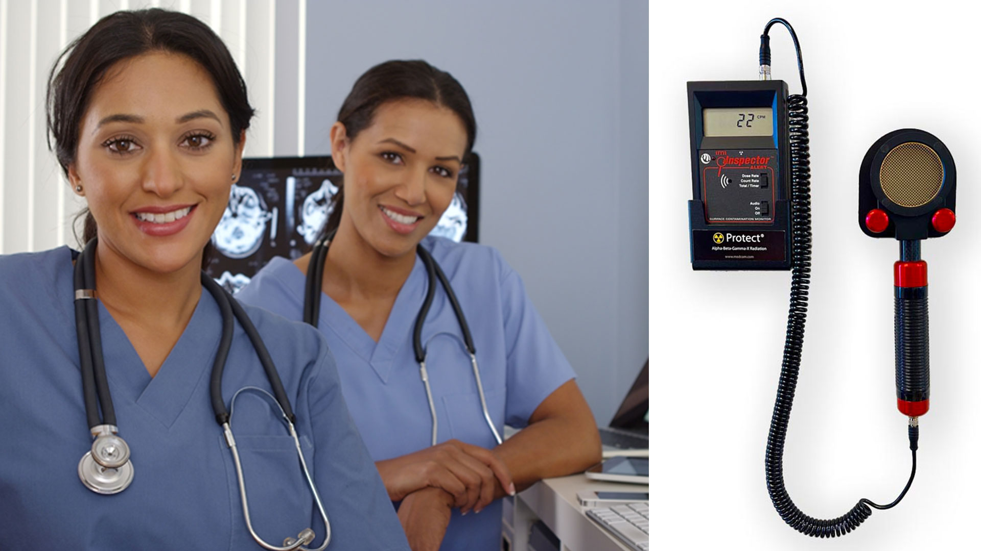 A Medcom professional Geiger counter wall-mounted in a hospital setting next to two medical professionals in scrubs.