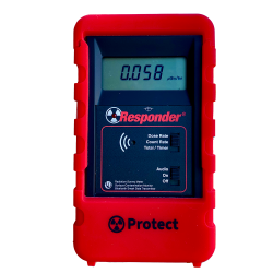 Front view of responder geiger counter in a red protect silicone boot.